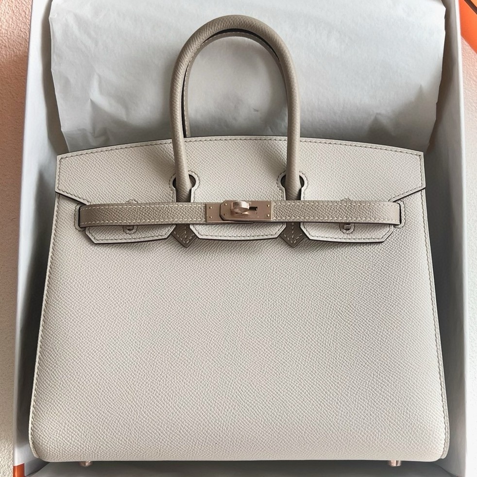 Hermes HSS Birkin 25 Sellier Bag in Craie and Grey Epsom Calfskin