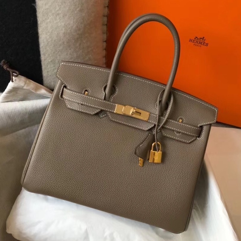 Hermes Taupe Clemence Birkin 30cm Bag