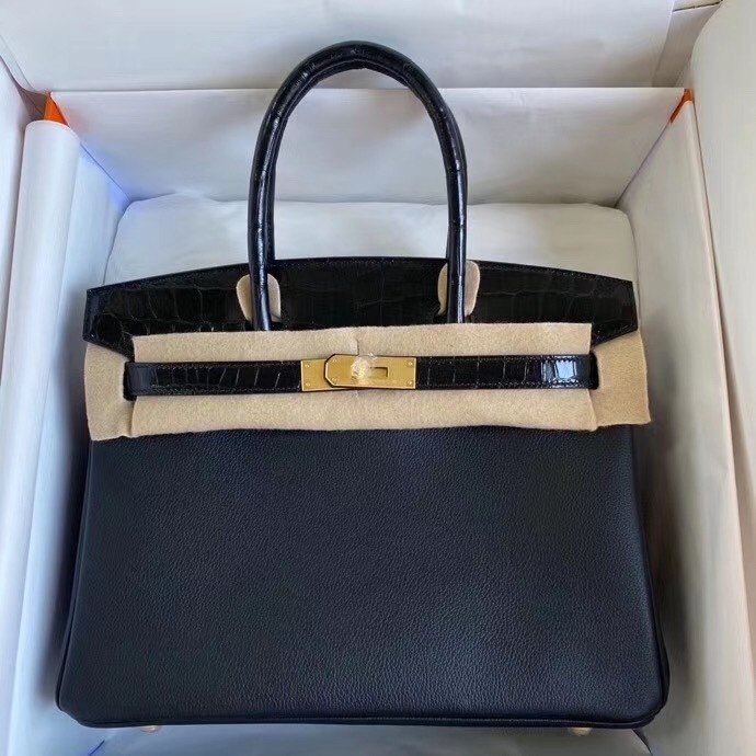 Hermes Black Touch Birkin 30cm Bag Shiny Niloticus Crocodile Skin