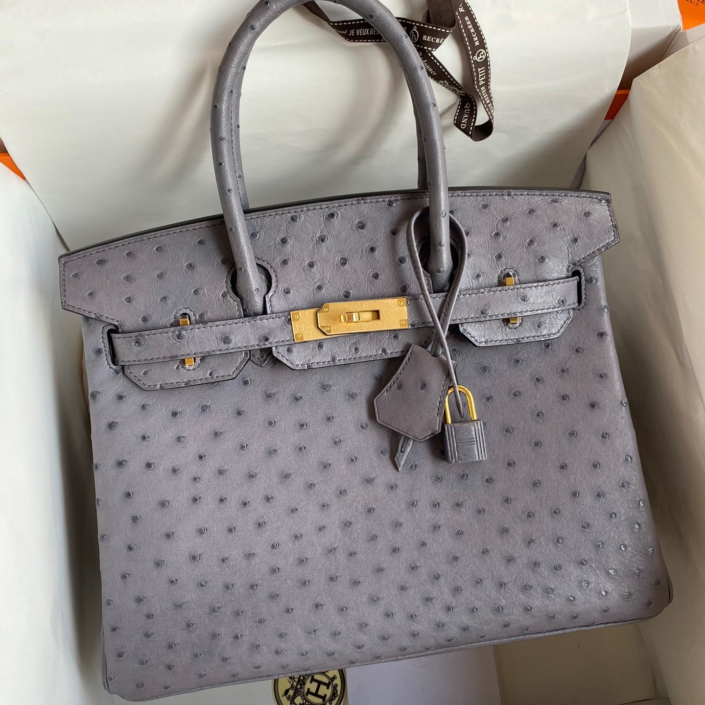 Hermes Birkin 30 Retourne Handmade Bag In Gris Agate Ostrich Leather