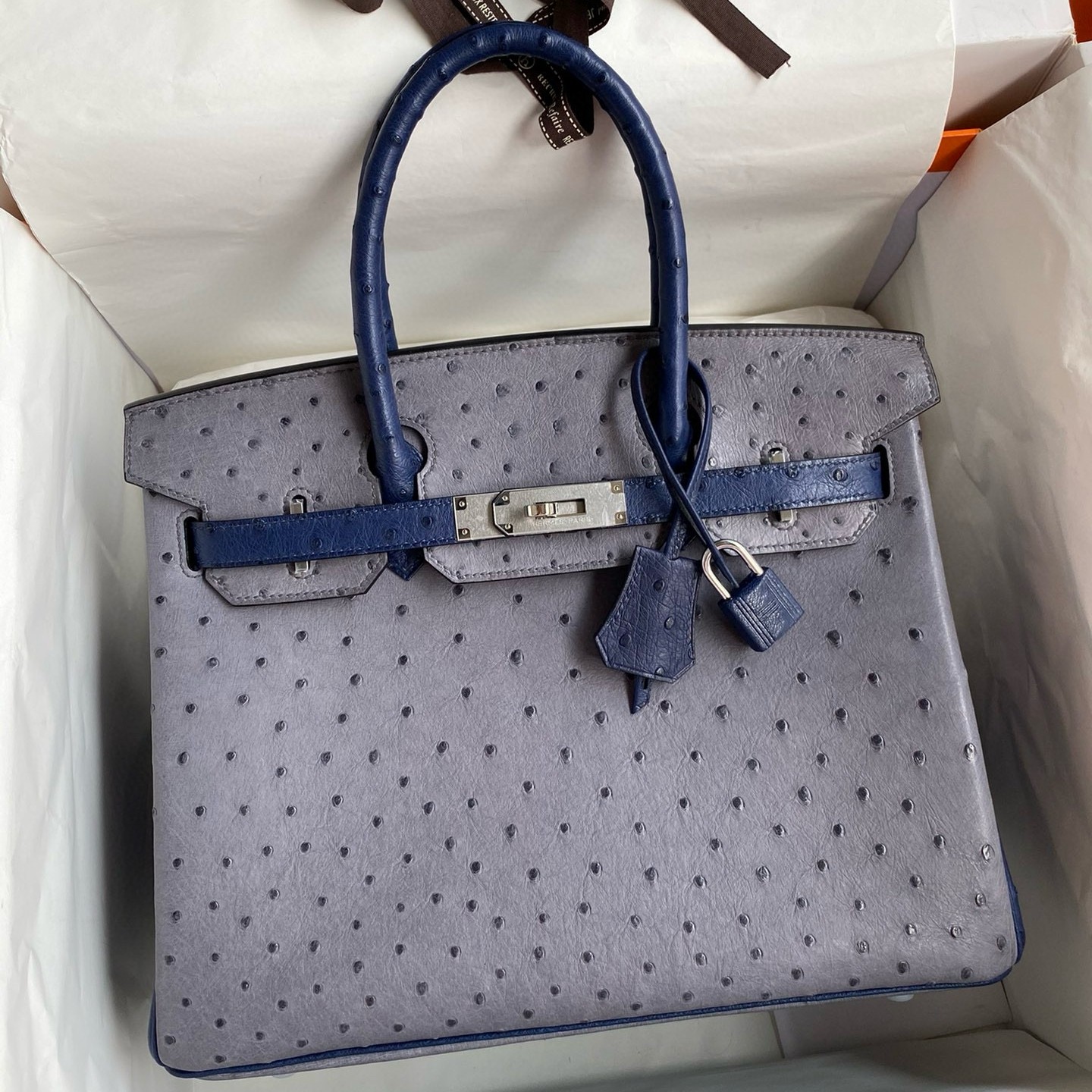 Hermes HSS Birkin 30 Bicolor Bag in Gris Agate and Blue Iris Ostrich Leather