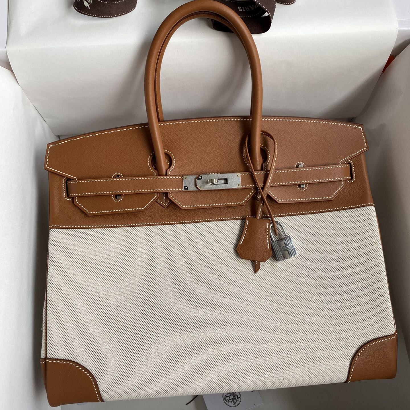 Hermes Birkin 35 Handmade Bag In Toile & Gold Swift Leather