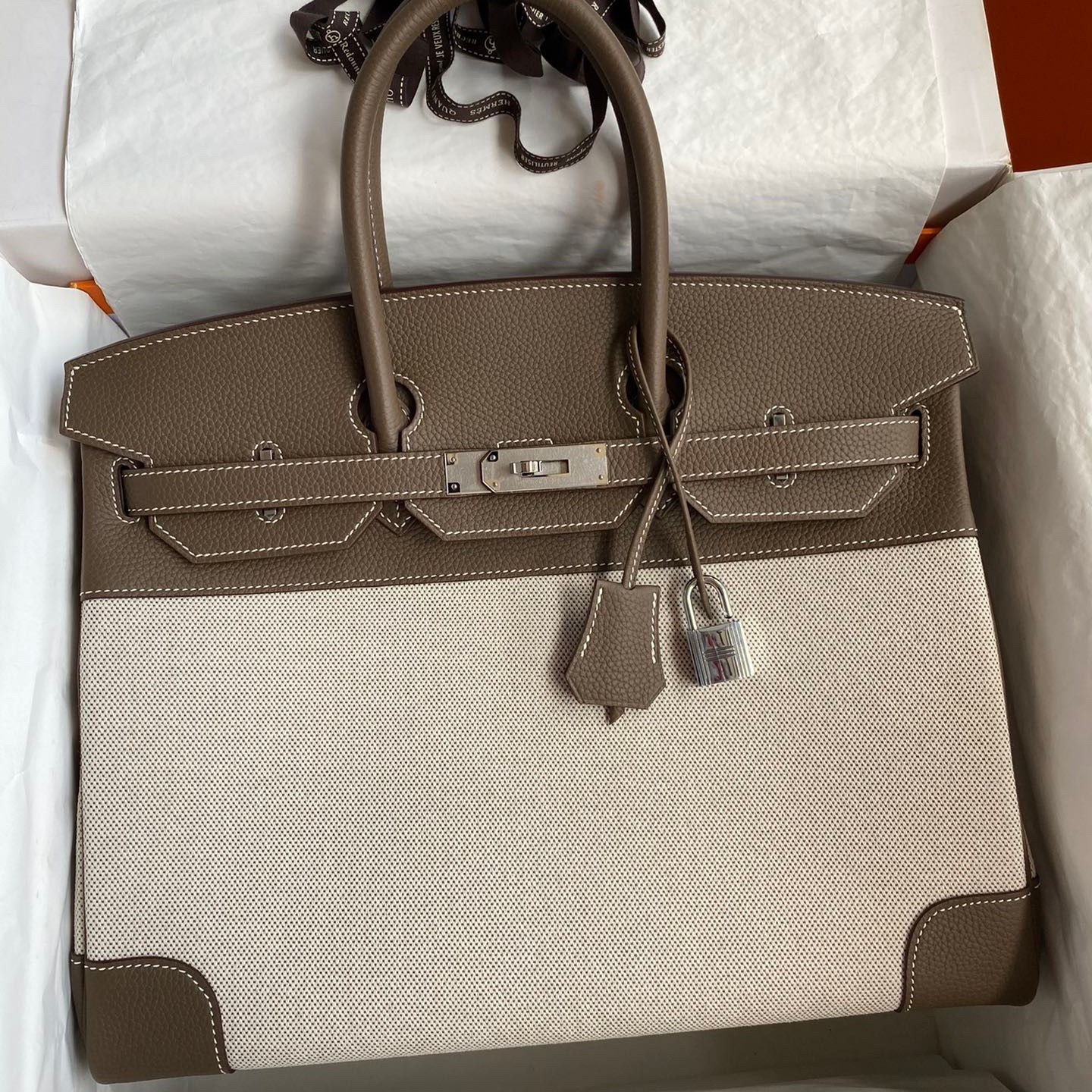 Hermes Birkin 35 Handmade Bag In Toile & Taupe Clemence Leather