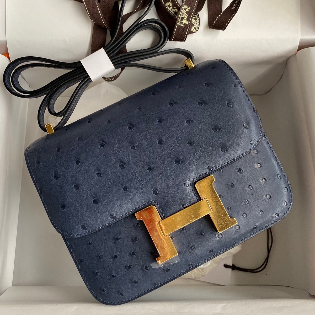 Hermes Constance 18 Handmade Bag In Blue Iris Ostrich Leather