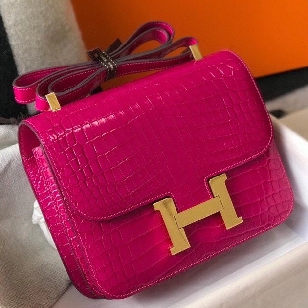 Hermes Constance 24cm Bag In Rose Red Embossed Crocodile