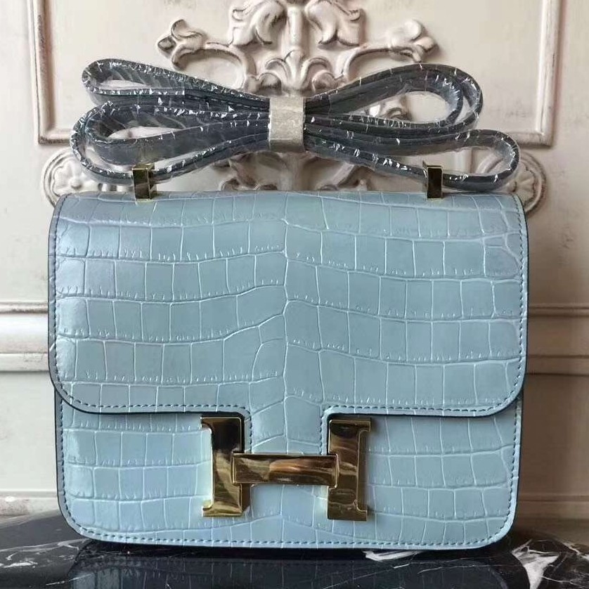 Hermes Blue Lin Constance MM 24cm Crocodile Bag