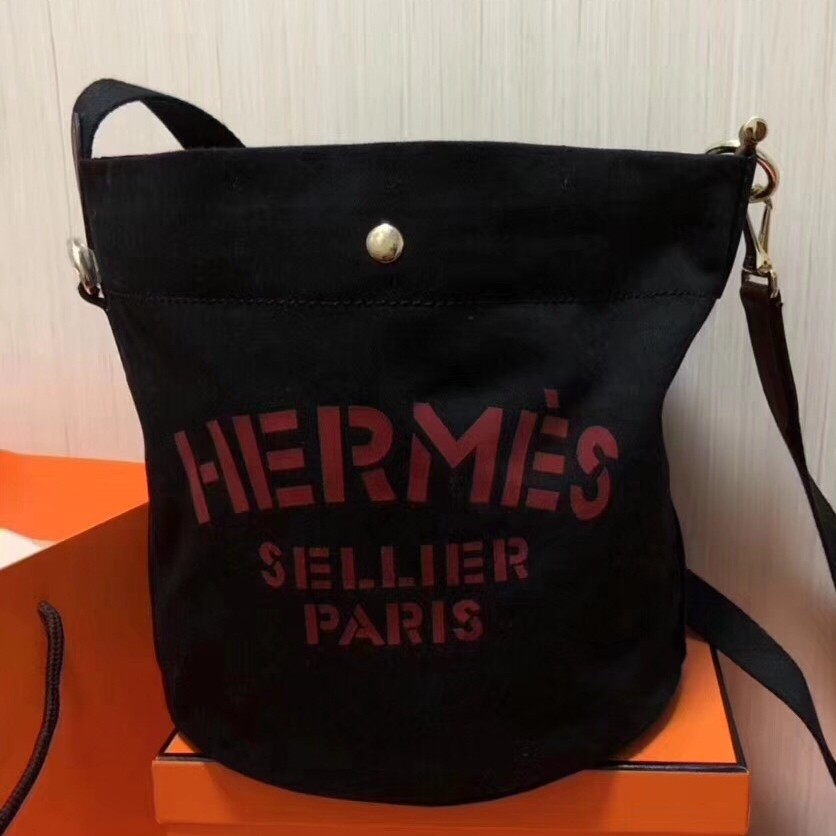 Hermes Grooming Bucket Bag In Black Canvas