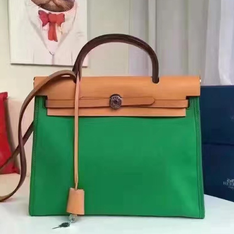 Hermes Herbag Zip PM 31cm Bag In Green Canvas