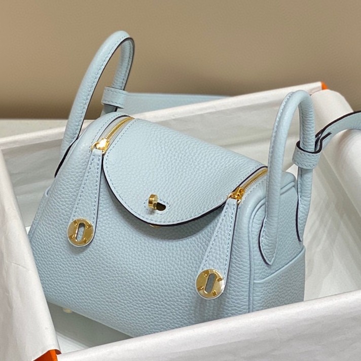 Hermes Lindy Mini Bag In Blue Brume Clemence Leather GHW