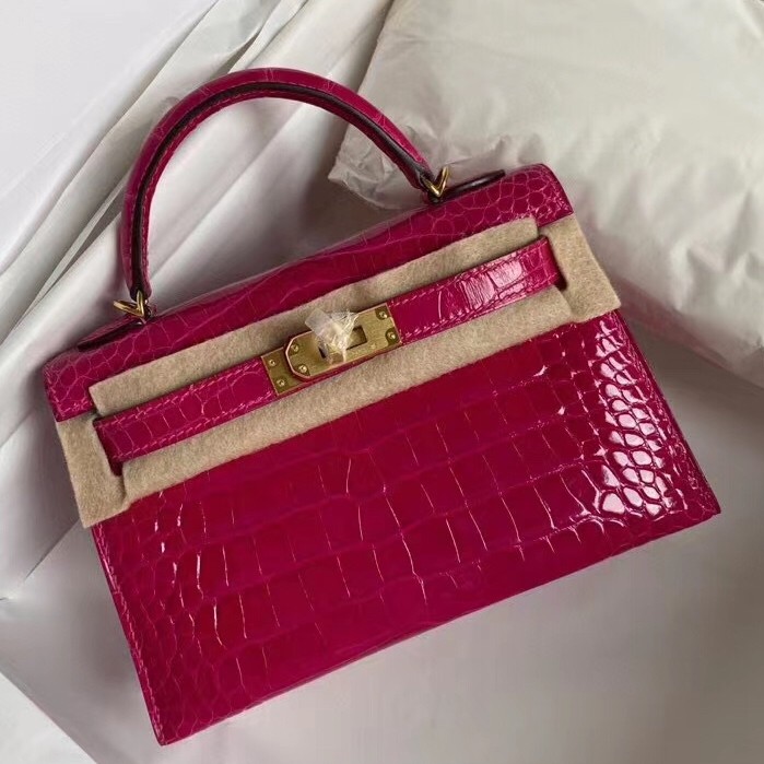 Hermes Rose Red Alligator Crocodile Kelly Mini II Handmade Bag