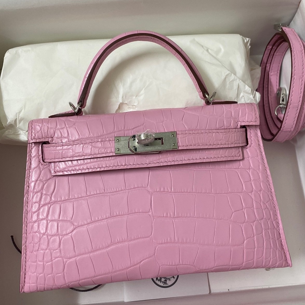 Hermes Kelly Mini II Sellier Handmade Bag In Mauve Sylvestre Matte Alligator Leather