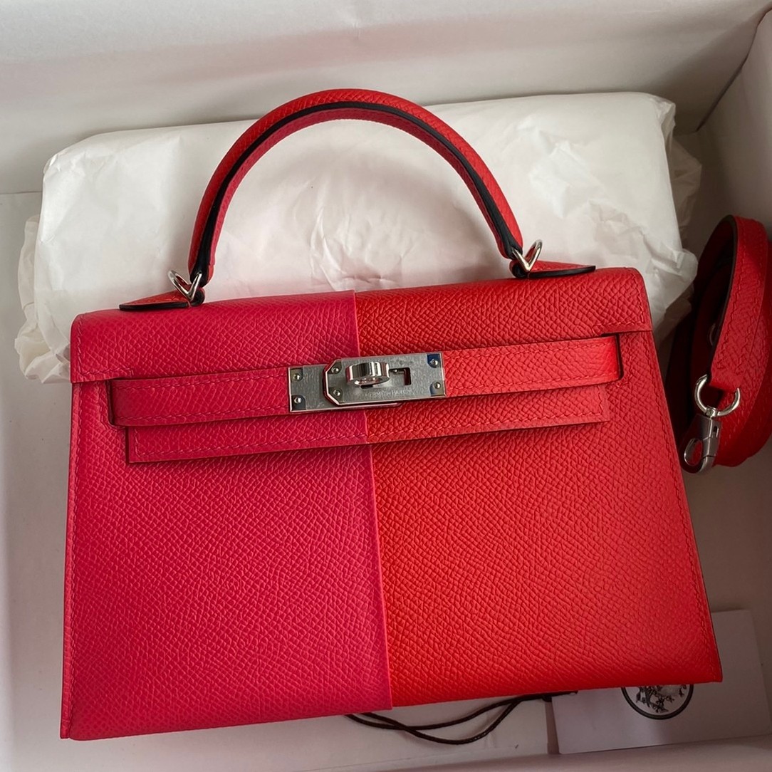 Hermes Kelly Mini II Sellier Tri color Bag In Red/Rose Extreme/Blue Epsom Calfskin