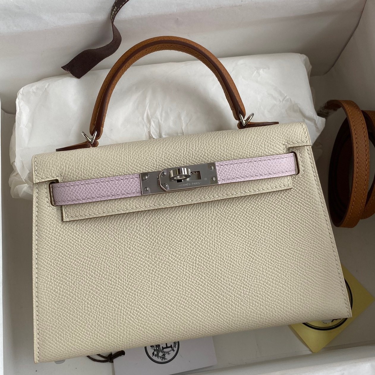 Hermes HSS Kelly Mini II Sellier Tri color Bag In Craie/Pink/Gold Epsom Calfskin