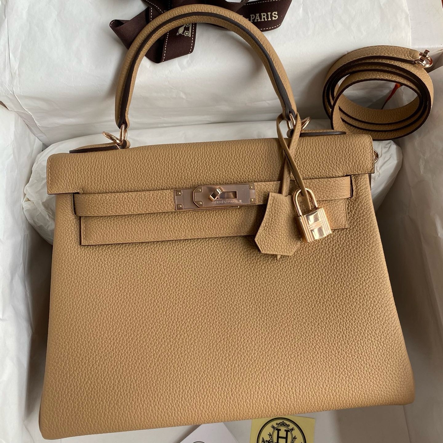 Hermes Kelly Retourne 28 Handmade Bag In Chai Clemence Leather