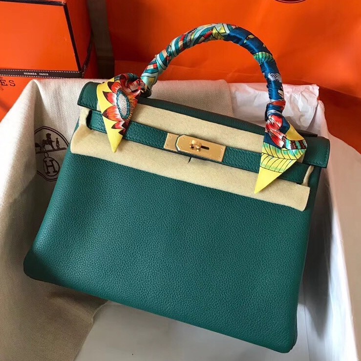 Hermes Malachite Clemence Kelly 28cm Handmade Bag