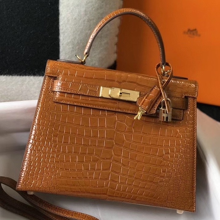 Hermes Kelly 25 cm Bag In Brown Embossed Crocodile