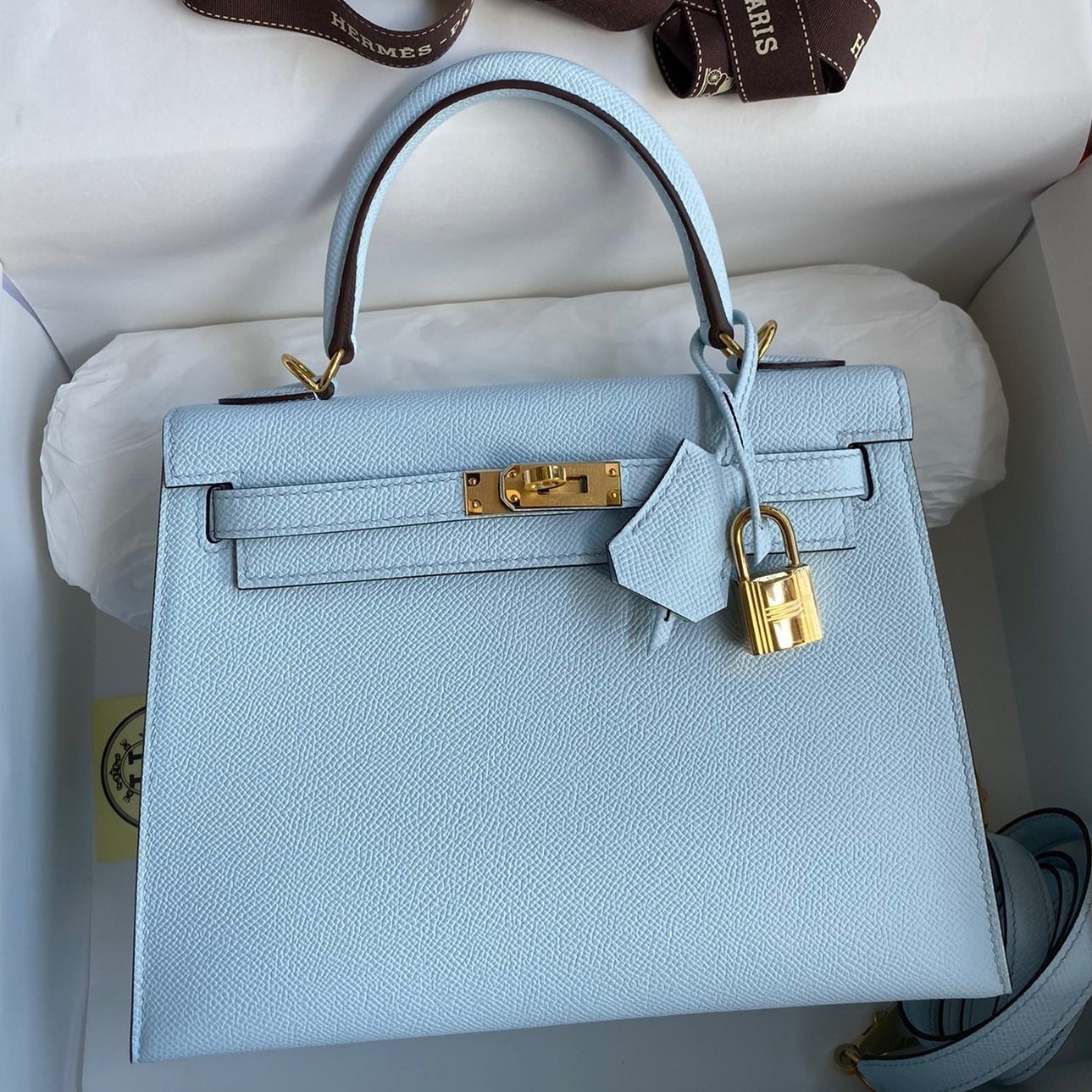 Hermes Epsom Kelly 25cm Sellier Handmade Celeste Bag