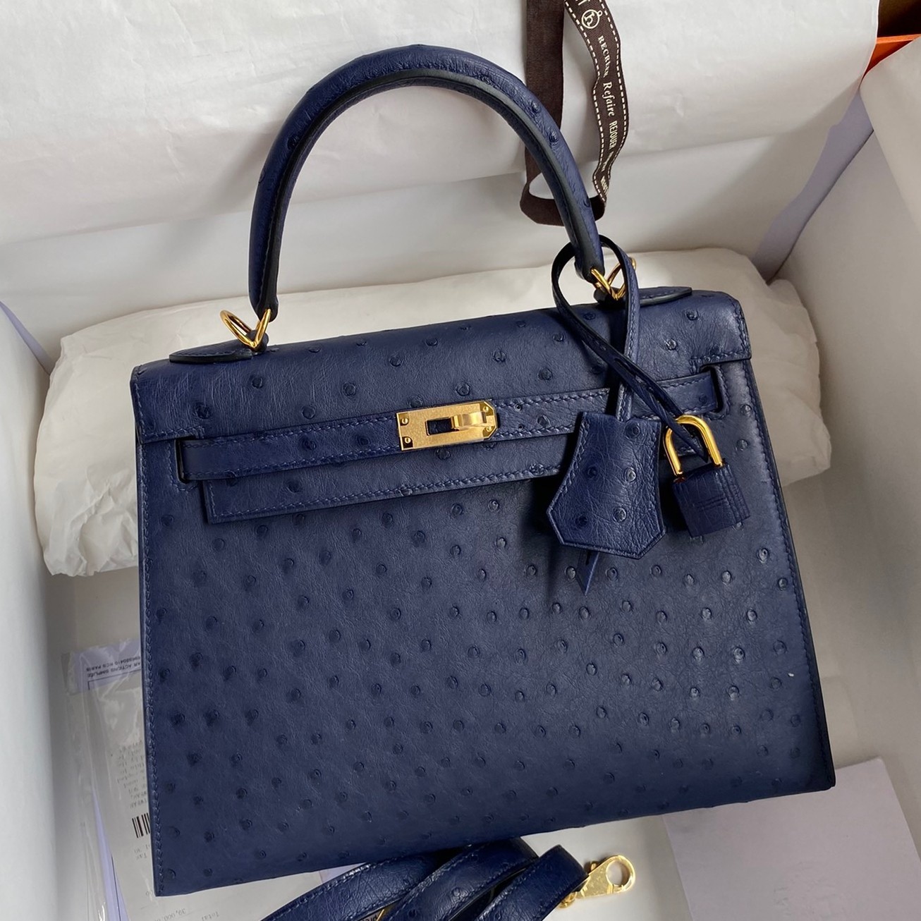 Hermes Kelly Sellier 25 Handmade Bag In Blue Iris Ostrich Leather