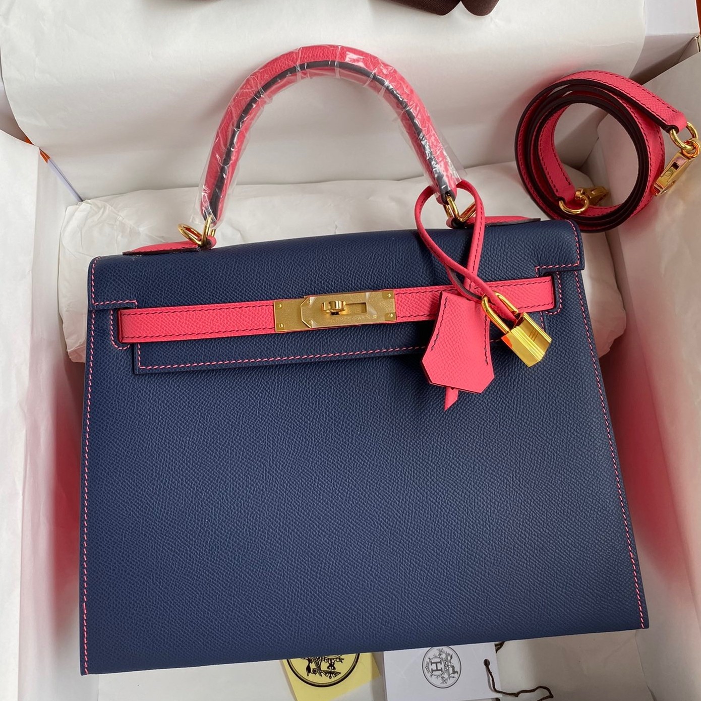 Hermes Kelly Sellier 28 Bicolor Bag in Blue Saphir and Rose Lipstick Epsom Calfskin