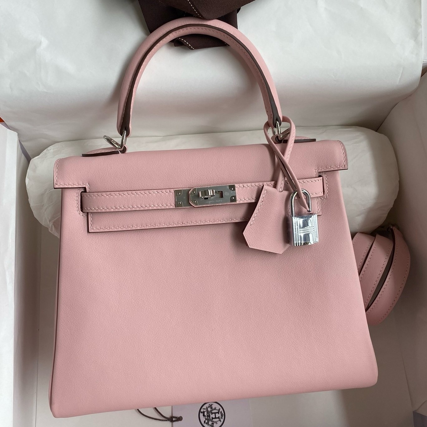 Hermes Kelly Retourne 25 Handmade Bag In Rose Sakura Swift Calfskin