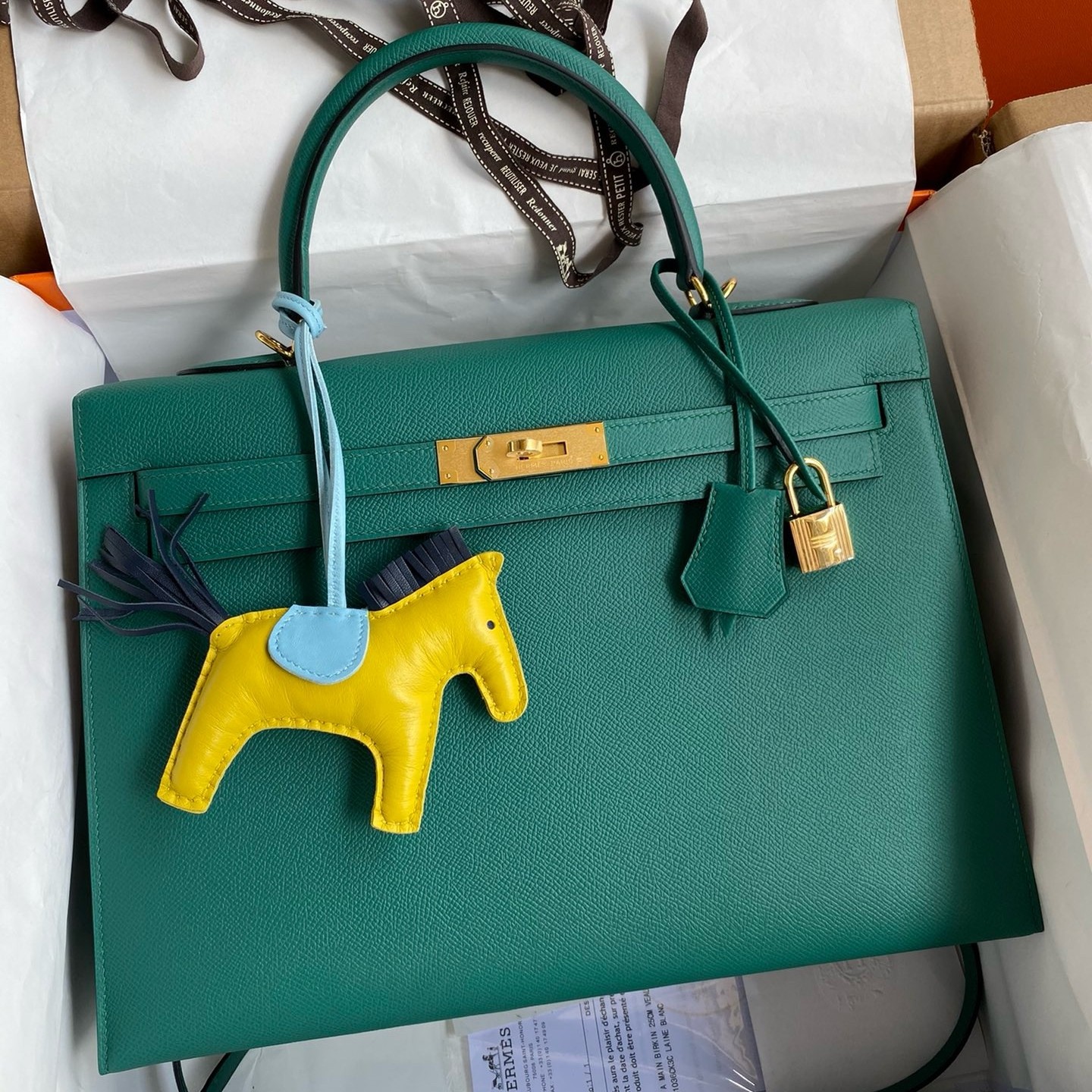 Hermes Kelly Sellier 35 Handmade Bag In Malachite Epsom Calfskin