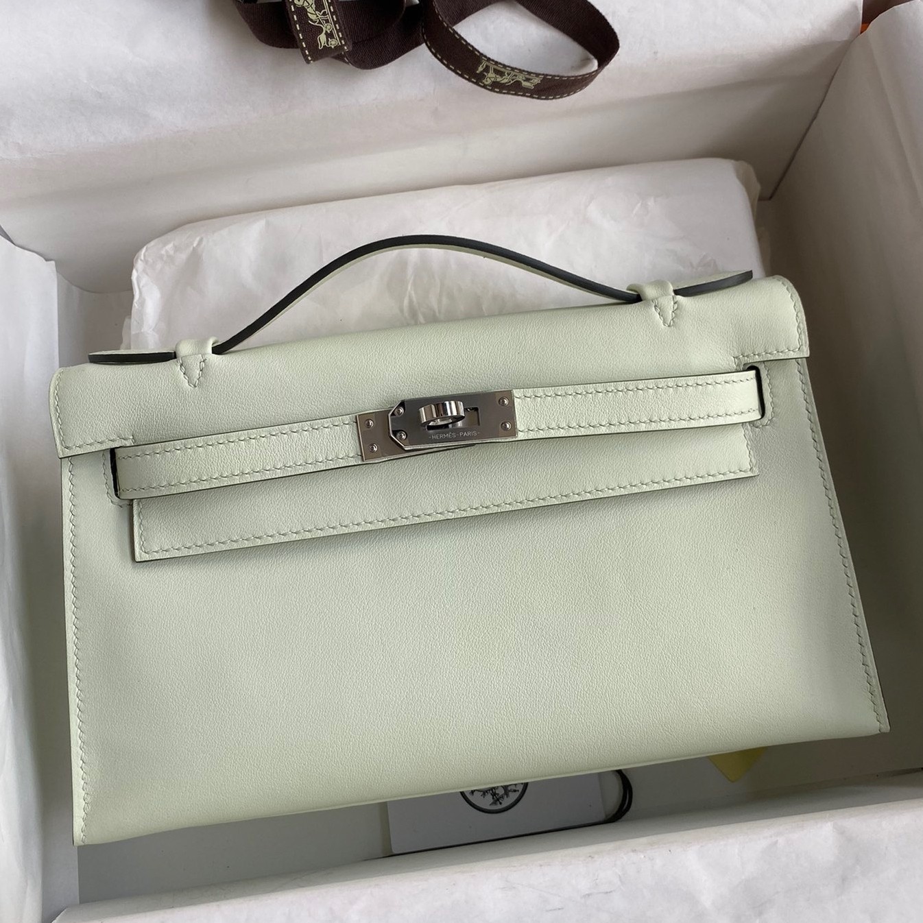 Hermes Kelly Pochette Handmade Bag In Vert Fizz Swift Calfskin