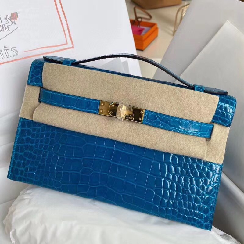 Hermes Blue Izmir Shiny Alligator Crocodile Kelly Pochette Bag