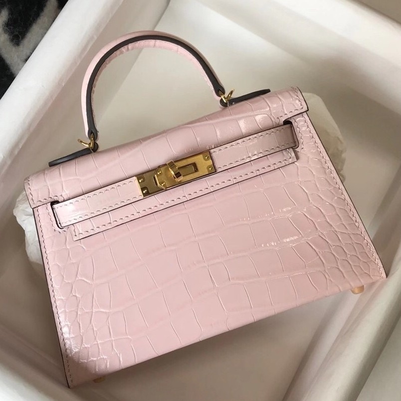 Hermes Kelly Mini II Bag In Rose Dragee Embossed Crocodile Calfskin