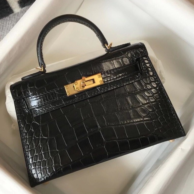 Hermes Kelly Mini II Bag In Black Embossed Crocodile Calfskin