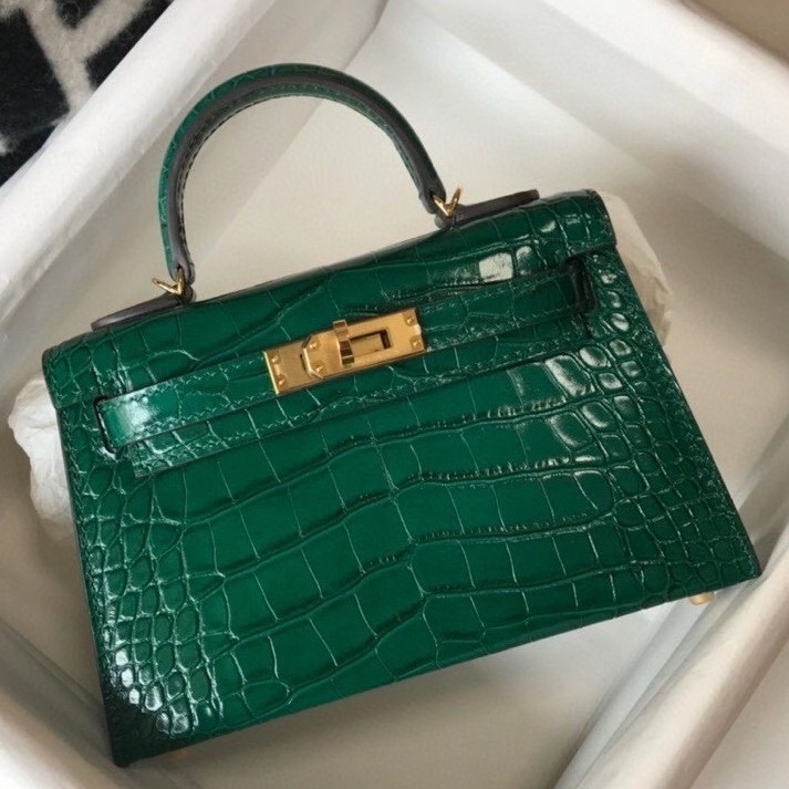 Hermes Kelly Mini II Bag In Green Embossed Crocodile Calfskin