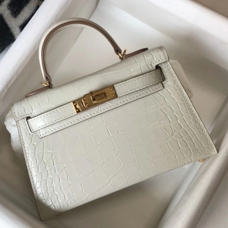 Hermes Kelly Mini II Bag In Beton Embossed Crocodile Calfskin