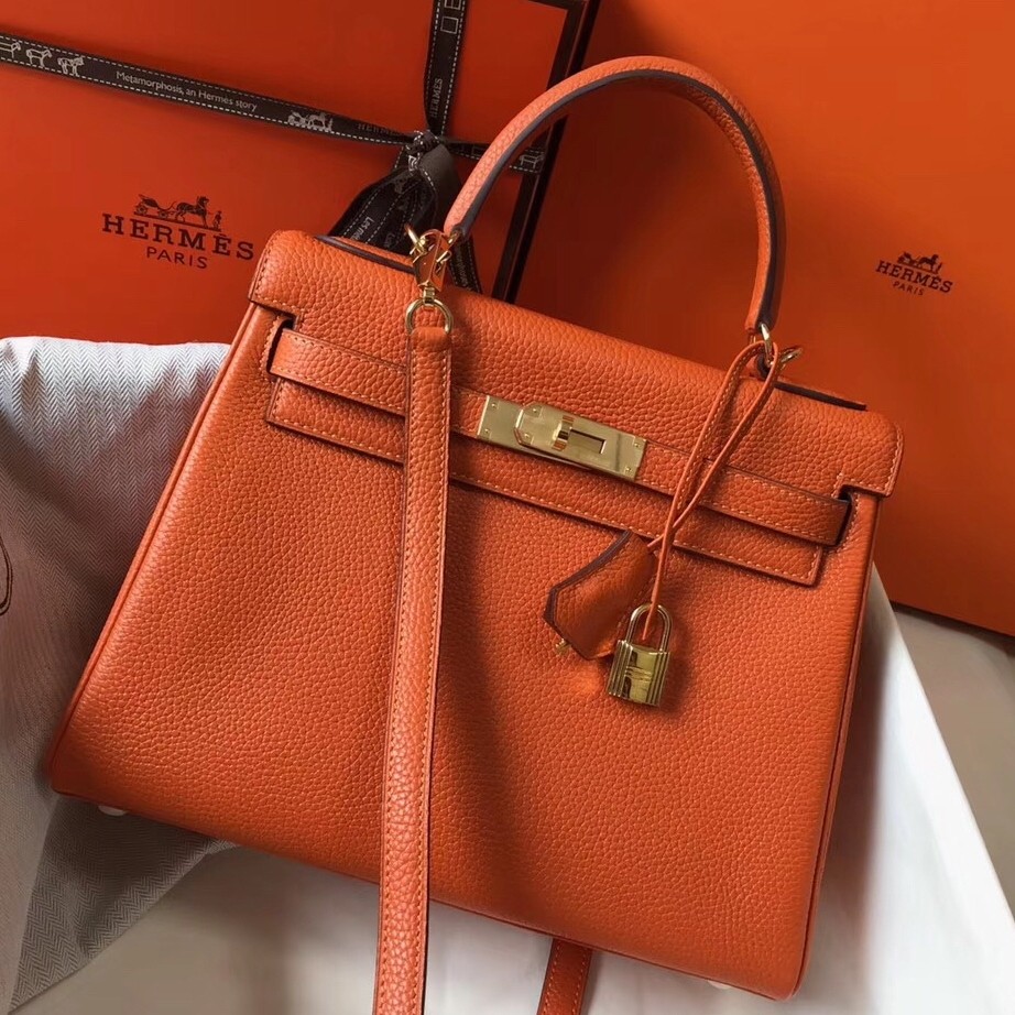 Hermes Orange Clemence Kelly 28cm Bag