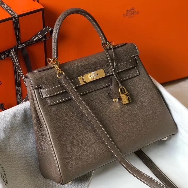 Hermes Etoupe Clemence Kelly 25cm GHW Bag