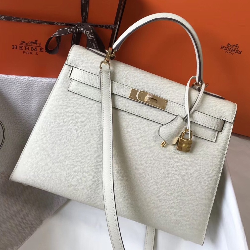 Hermes White Epsom Kelly 32cm Sellier Bag