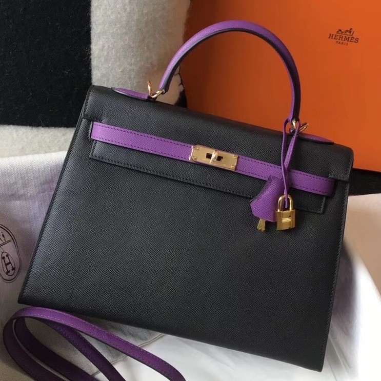 Hermes Bi color Kelly 32cm Epsom Bag Black/Purple GHW