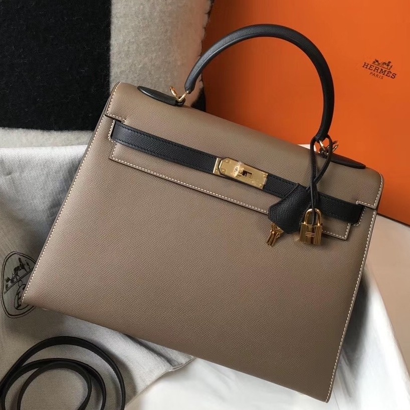 Hermes Bi color Kelly 32cm Epsom Bag Taupe/Black GHW