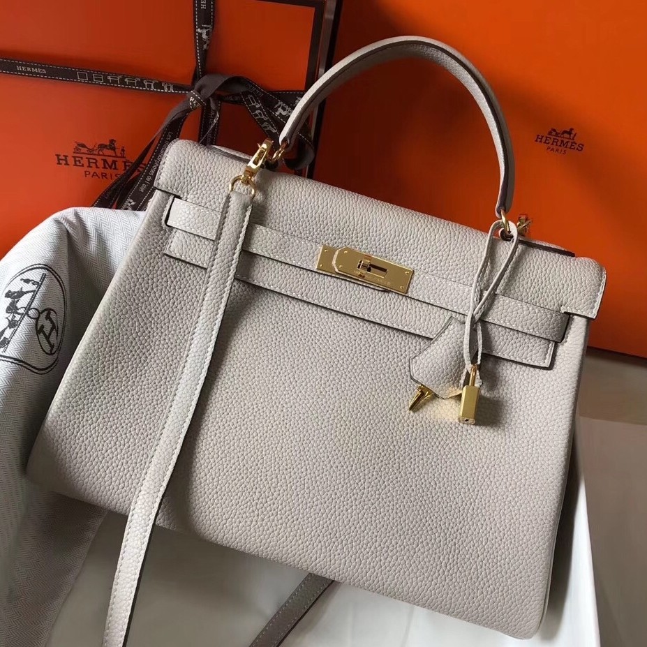 Hermes Kelly 32cm Retourne Bag In Pearl Grey Clemence Leather