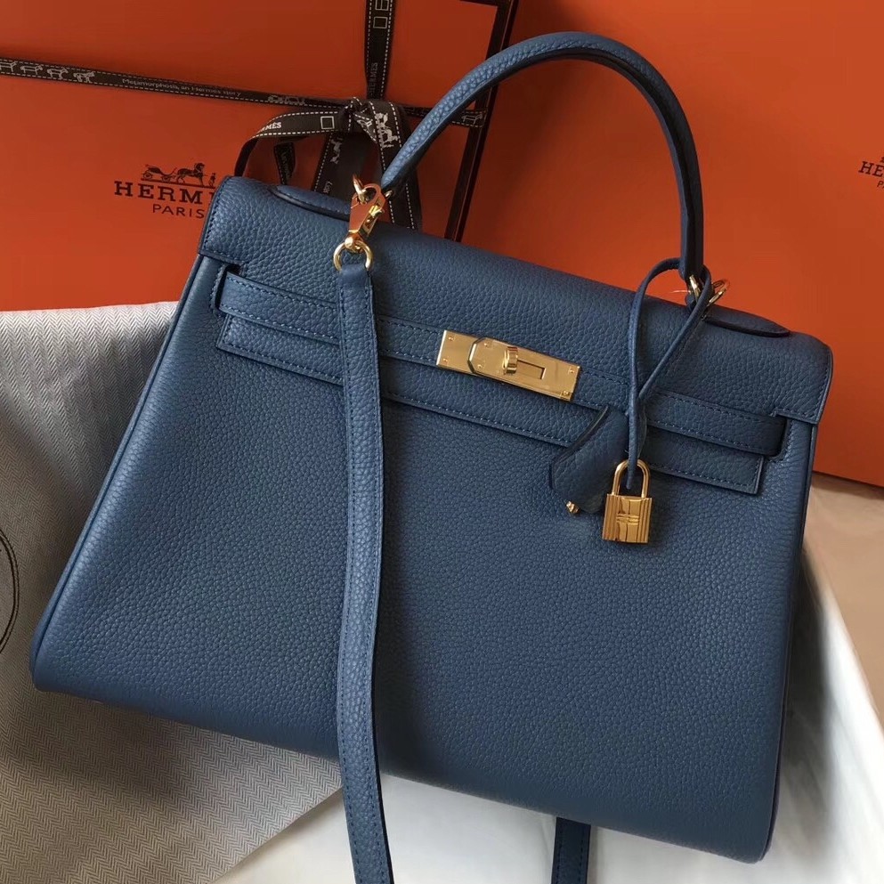 Hermes Blue AgateClemence Kelly 32cm Retourne Bag