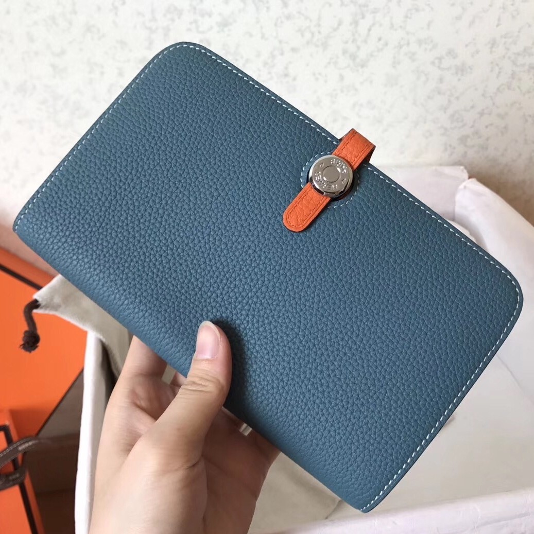 Hermes Bicolor Dogon Duo Wallet In Jean/Orange Leather