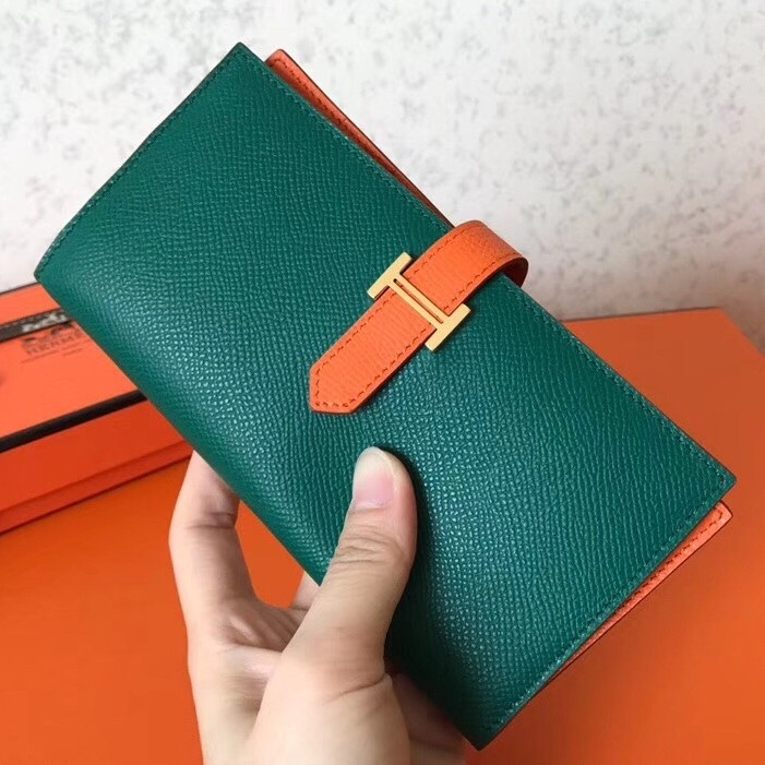 Hermes Bi Color Epsom Bearn Wallet Malachite/Orange