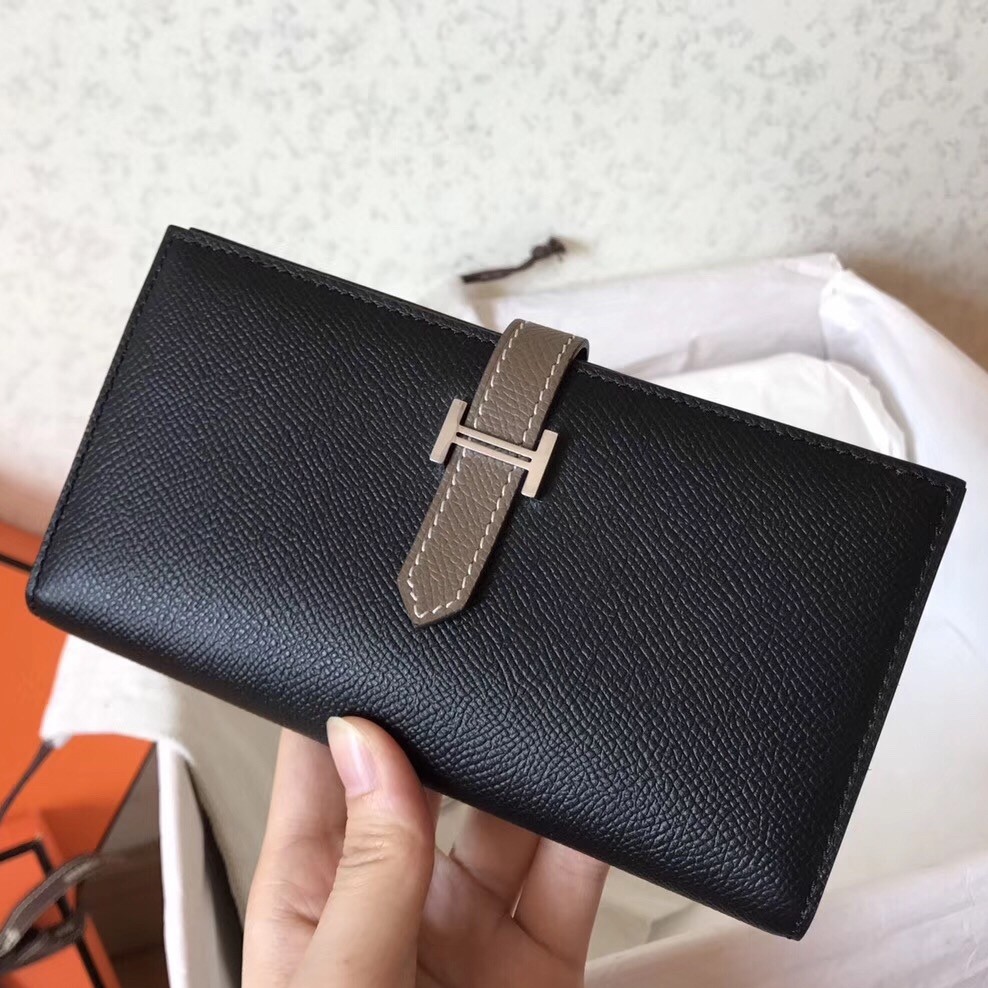 Hermes Bi Color Epsom Bearn Wallet Black/Taupe