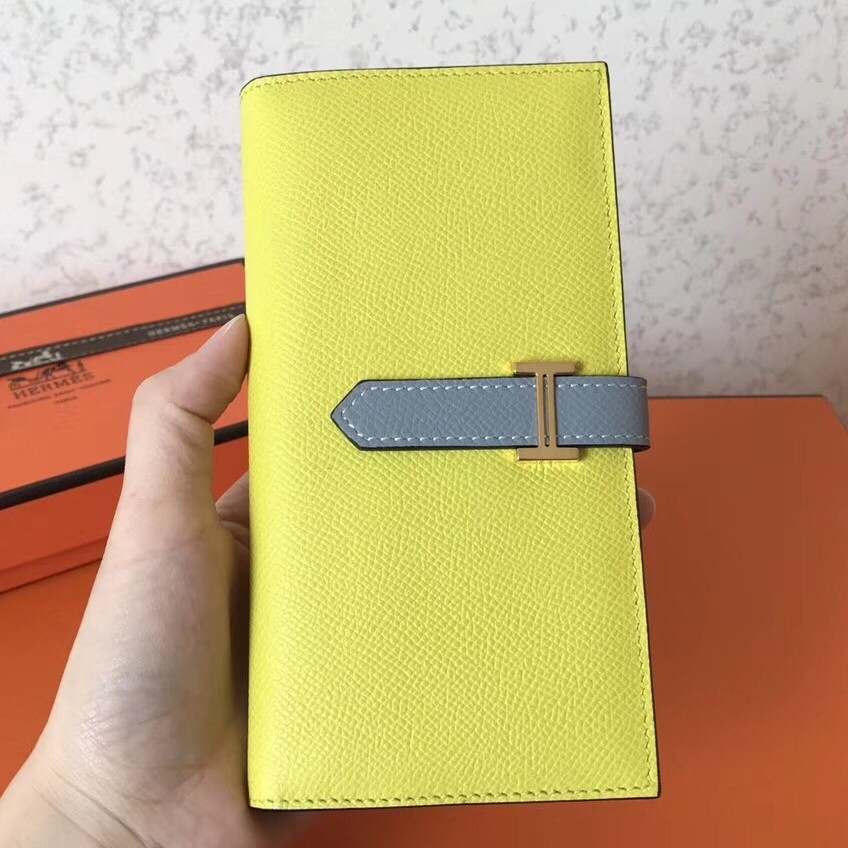 Hermes Bi Color Epsom Bearn Wallet Soufre/Blue Lin