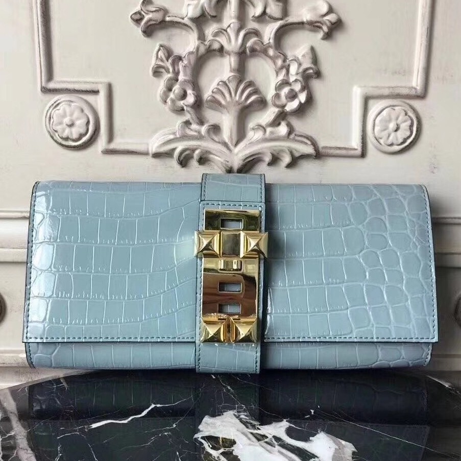 Hermes Medor Clutch Bag In Ciel Crocodile Leather